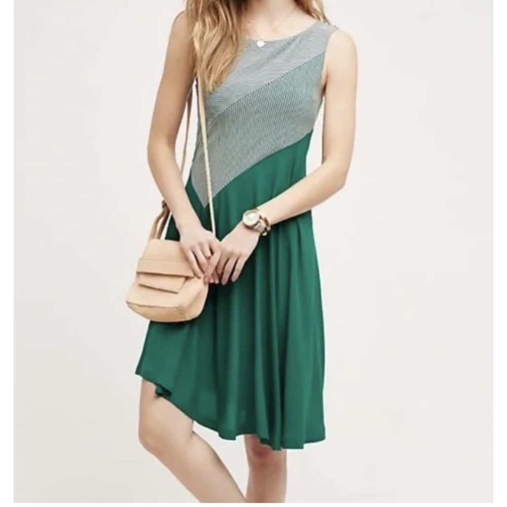Maeve Cameron Dress Green‎ Striped Sleeveless Fit Flare sz L preppy chic